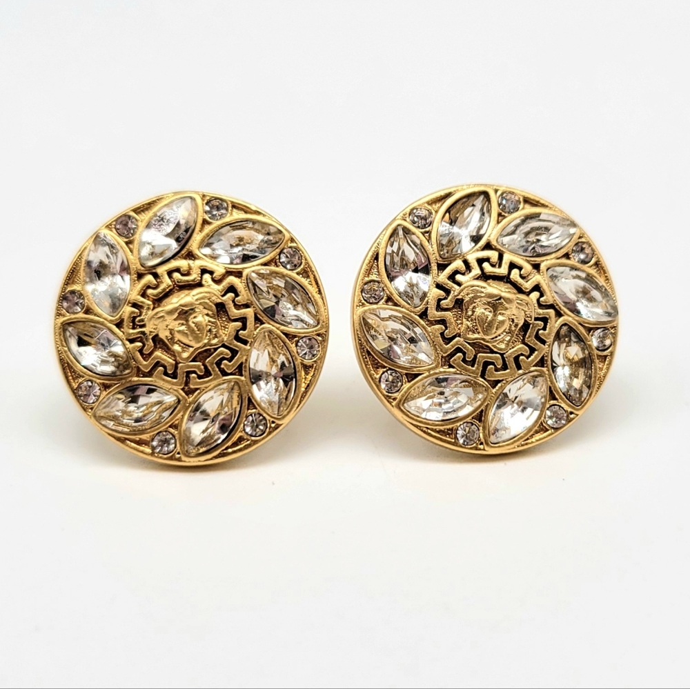 Versace Medusa Head Gold Medallion Stud Earrings with Diamond Swarovski Crystal